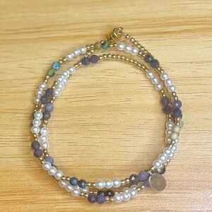 Dainty Mother of Pearl, Gold Filled & Sapphire Beaded Wire Triple Wrap Bracelet